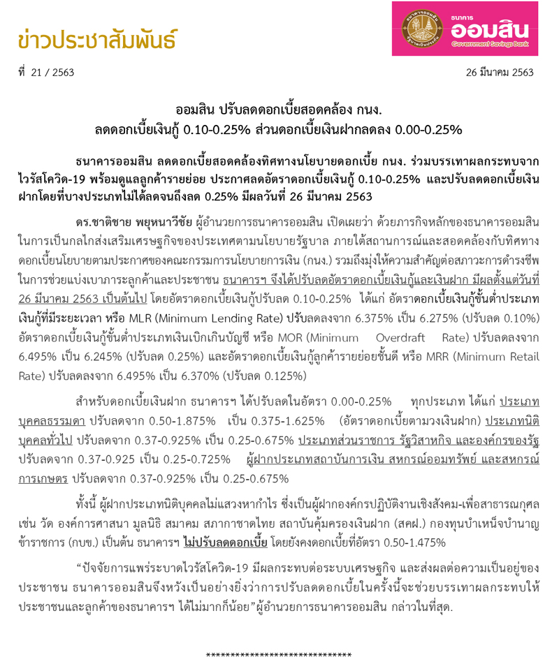 ฉบบท 21 ปรบลดอตราดอกเบย ณ 26 ม